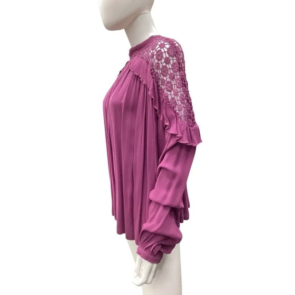 Free People Women’s Top SZ M Long Sleeve Crochet Arms Button Closure Purple